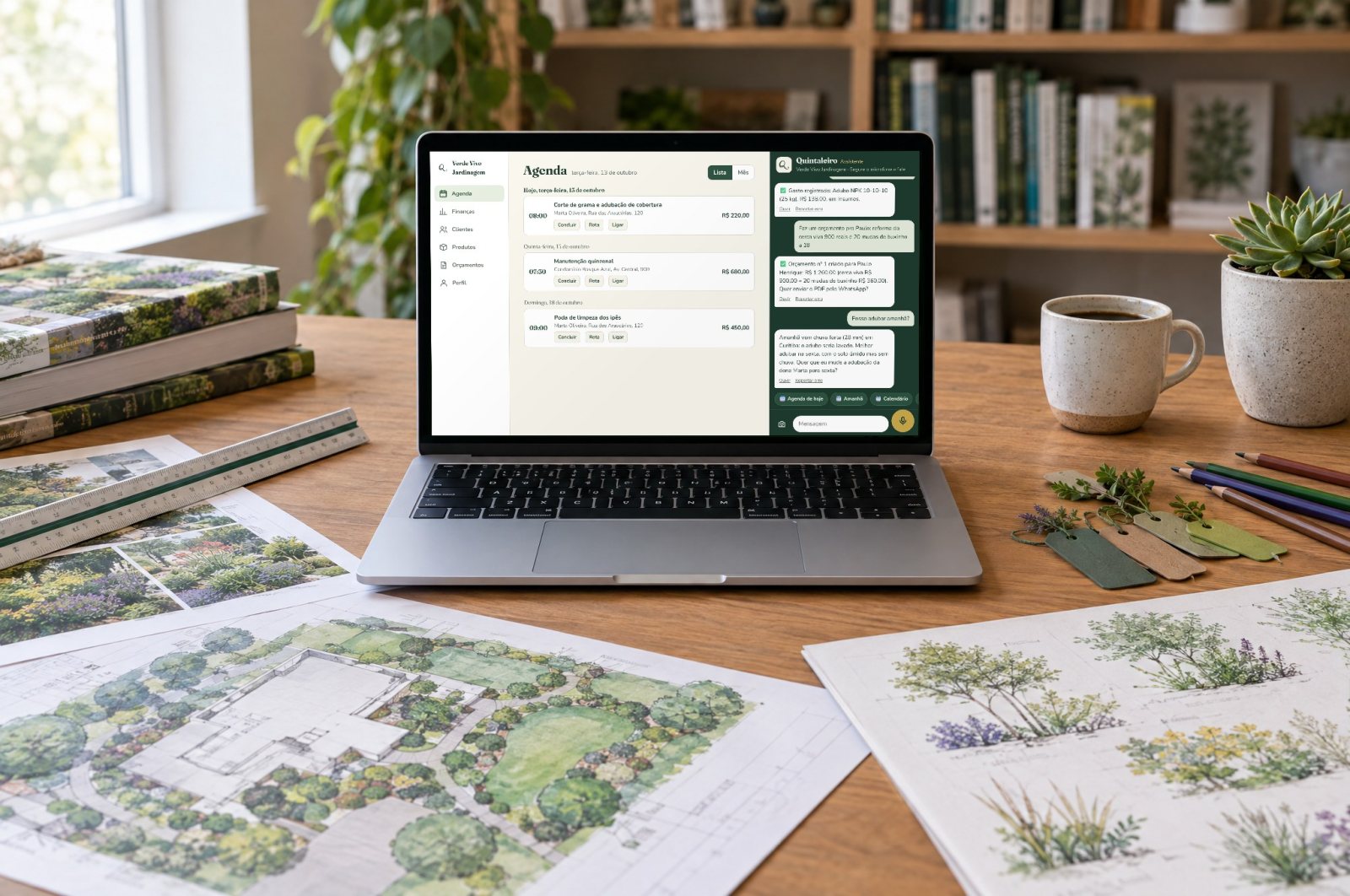 Notebook aberto na mesa de um escritório de paisagismo, com o Quintaleiro Assistente na tela e projetos espalhados ao redor