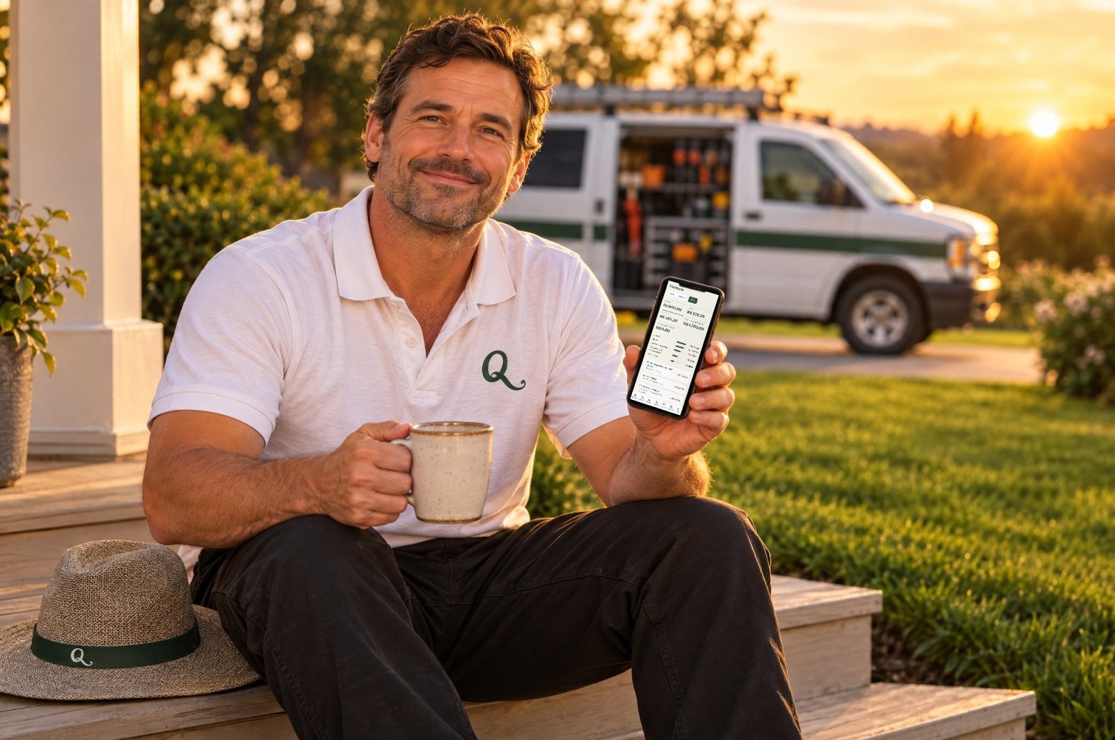 Dono de empresa de jardinagem descansando na varanda ao fim do dia, com o celular mostrando as contas em dia