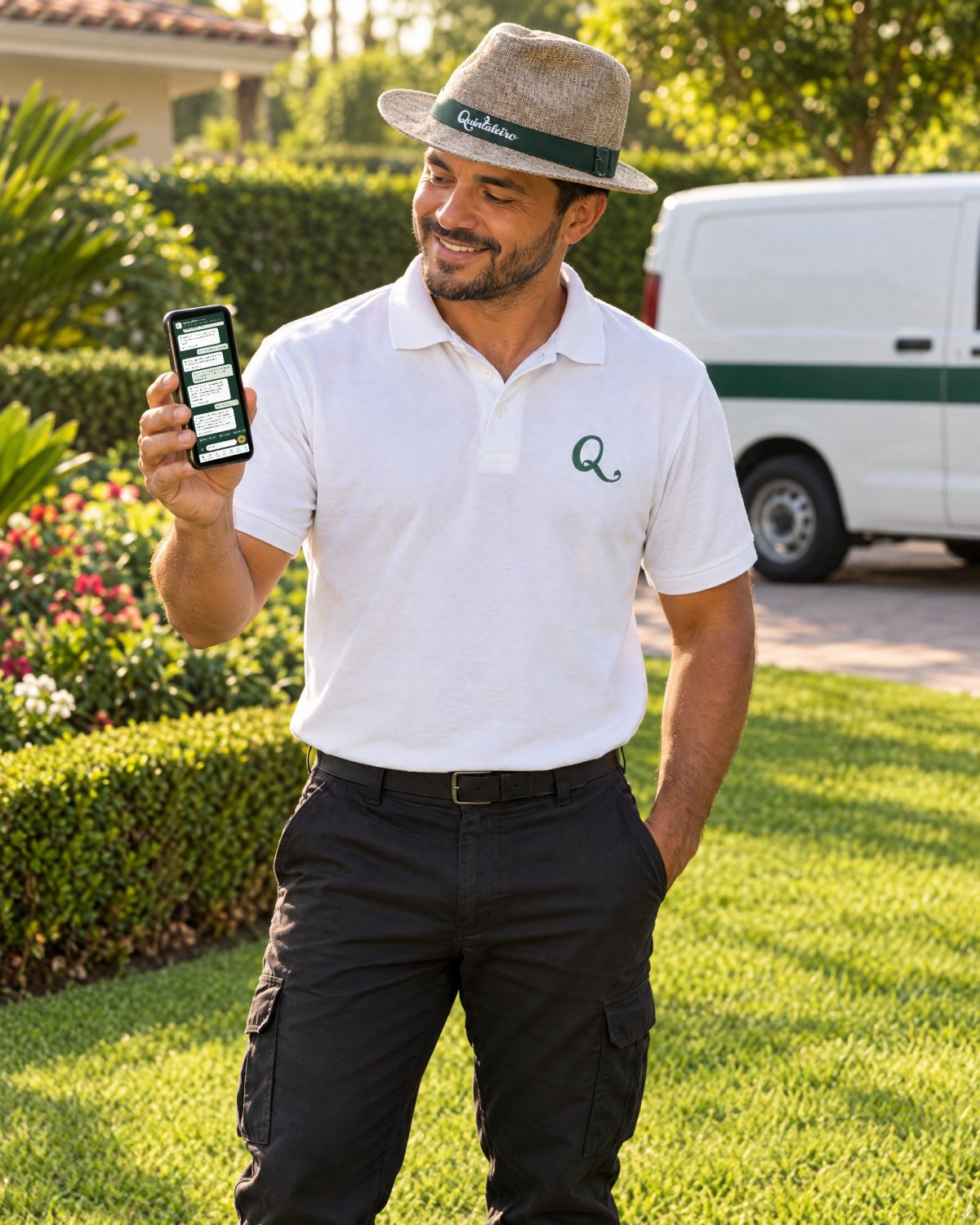 Jardineiro de uniforme e chapéu do Quintaleiro consultando o Assistente no celular, em um jardim gramado