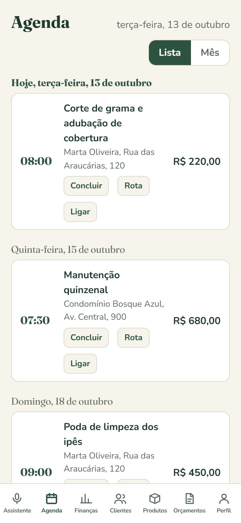 Tela de agenda do Quintaleiro Assistente