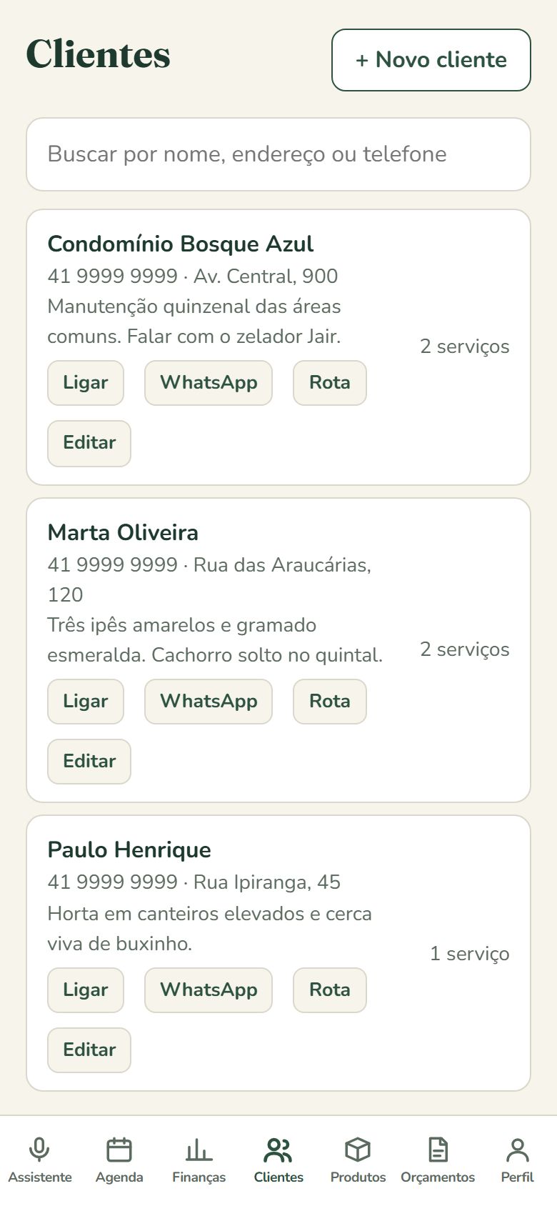 Tela de clientes do Quintaleiro Assistente