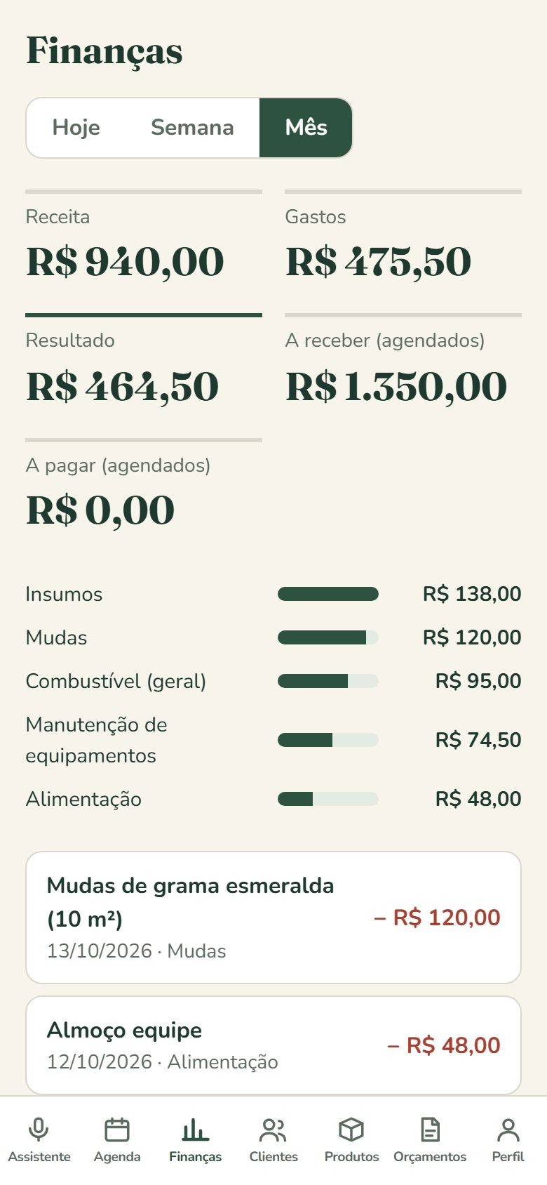 Tela de finanças do Quintaleiro Assistente
