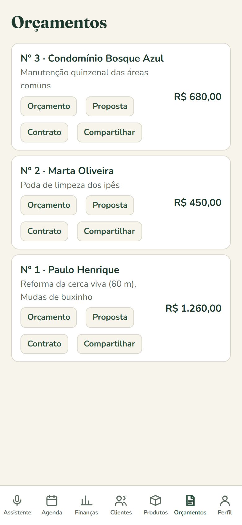 Tela de orçamentos do Quintaleiro Assistente