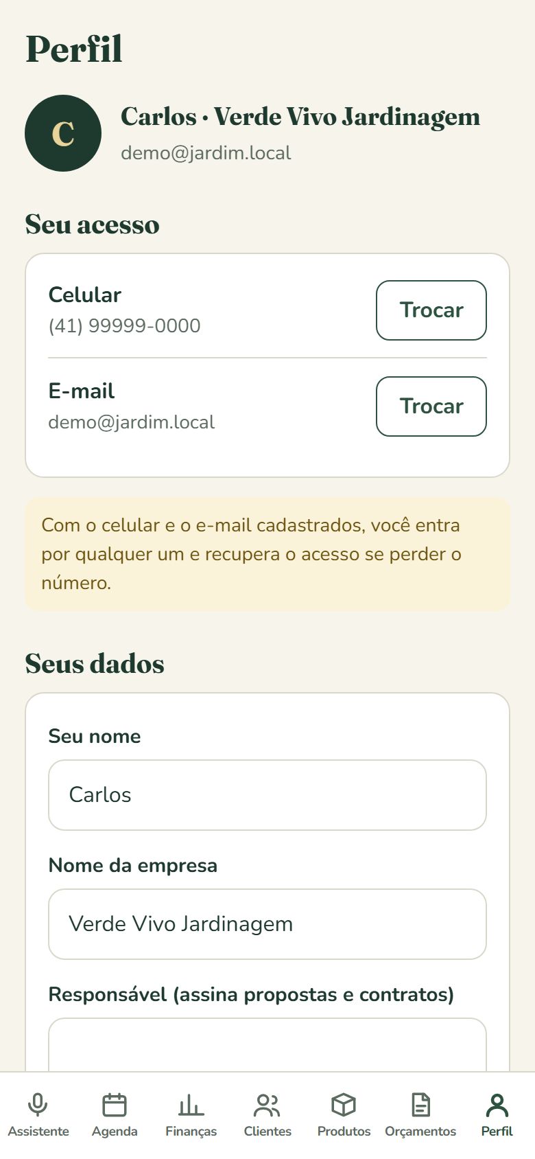 Tela de perfil do Quintaleiro Assistente