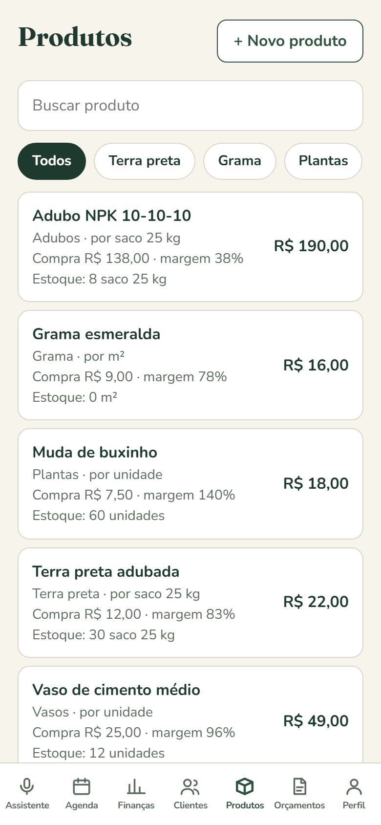 Tela de produtos do Quintaleiro Assistente